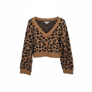 Wild Honey Leopard Print V-Neck Cropped Pullover Sweater Tan Black Size Large